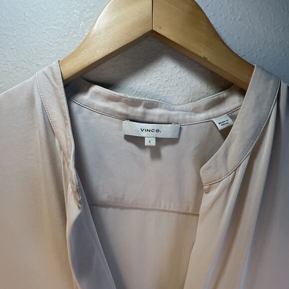 VINCE button front Short Sleeve Silk Blouse off white beige Large career office - Picture 2 of 8